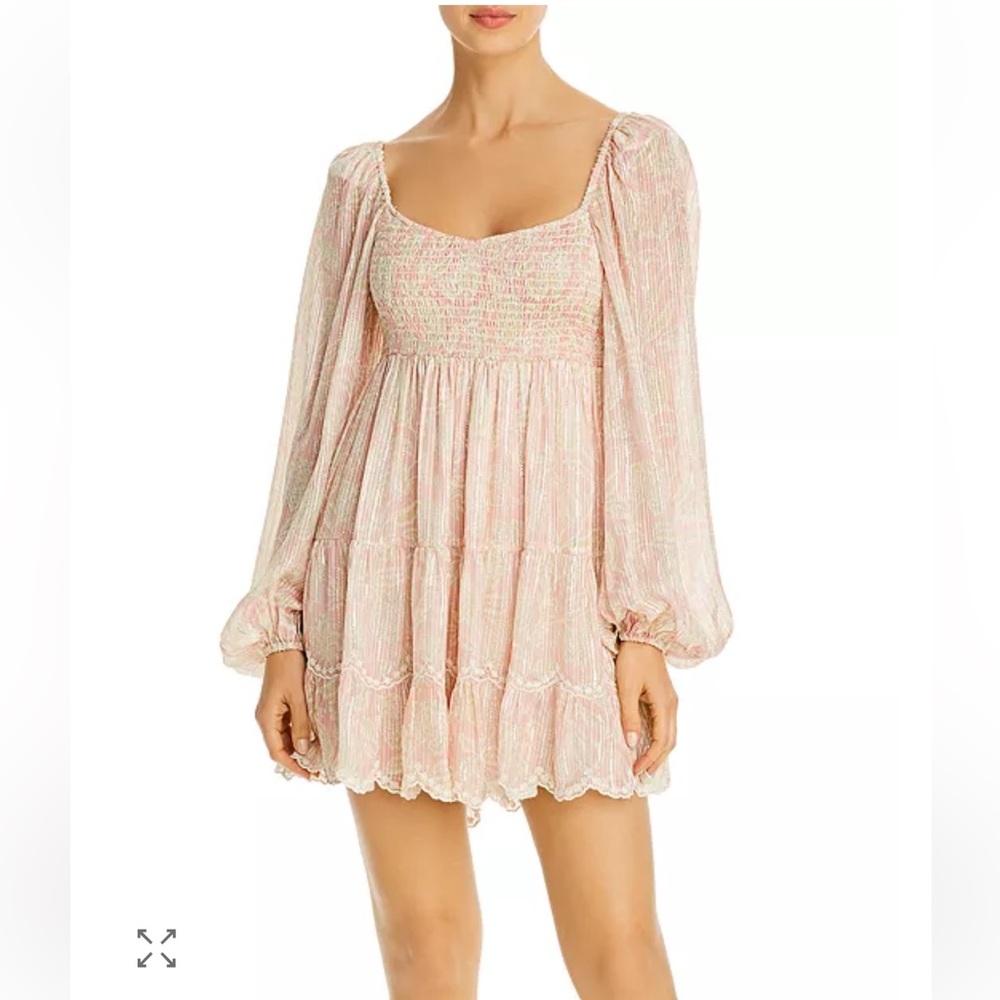 Hemant & Nandita Zahra Dress in Peach Shimmer Smocked Mini Babydoll Sz XS